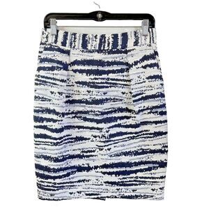 REISS Navy Blue/White Textured Metallic Knee Lengh Pockets Pencil Skirt Sz 10